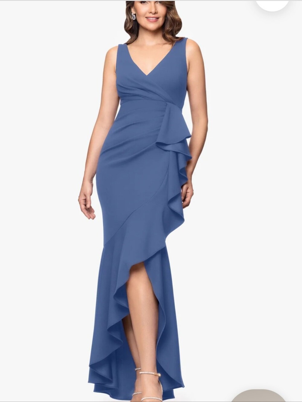 Betsy & Adam Blue Ruffle Gown Size 18W Formal Evening Dress V-Neck Sleeveless